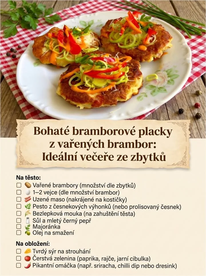Bohaté bramborové placky s různými přílohami na talíři