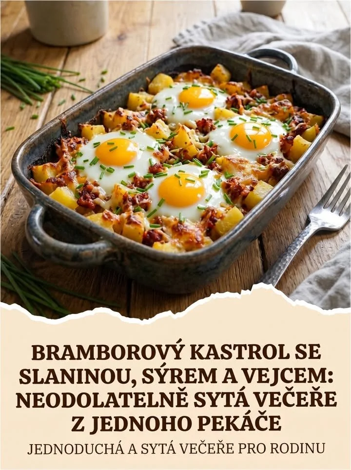 Bramborový kastrol se slaninou, sýrem a vejcem na talíři