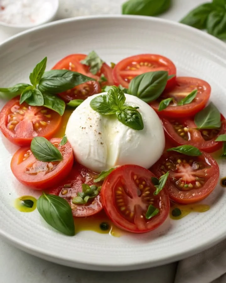 Burrata v salátech s čerstvou zeleninou a bylinkami