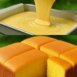 Nadýchaný japonský Castella Cake podávaný na talíři.