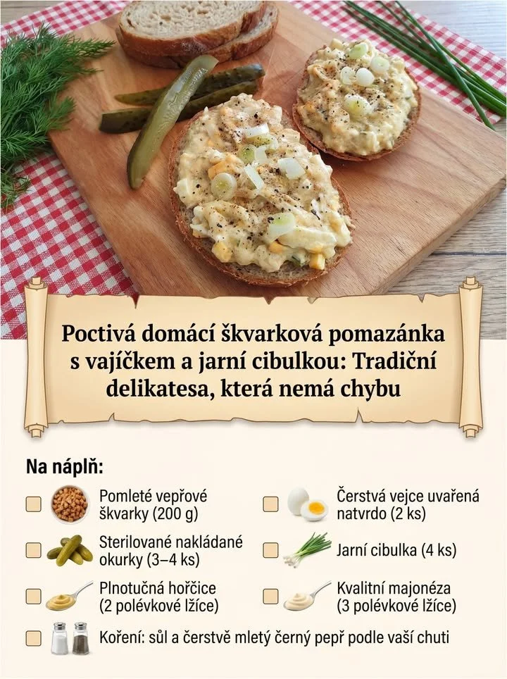 Domácí škvarková pomazánka s vajíčkem a jarní cibulkou na chlebu.
