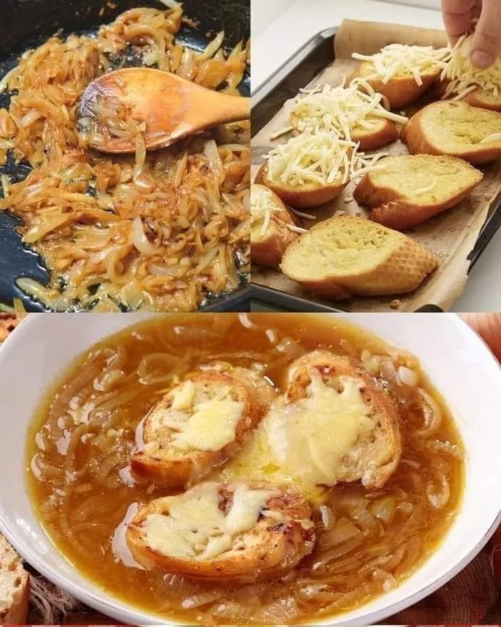 Miska francouzské cibulačky s chlebem a sýrem