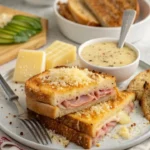 Gratinovaný croque-monsieur se šunkou a sýrem na talíři