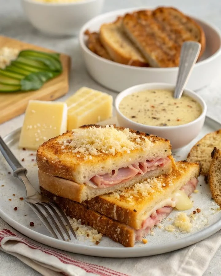 Gratinovaný croque-monsieur se šunkou a sýrem na talíři