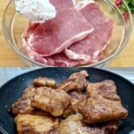 Korejský šéfkuchař ukazuje trik s vepřovým masem v kuchyni.