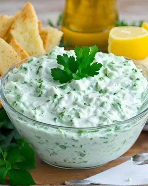 Krémová bylinková omáčka tzatziki na talíři s bylinkami