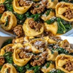 Krémové tortellíny s mletým masem a špenátem na talíři