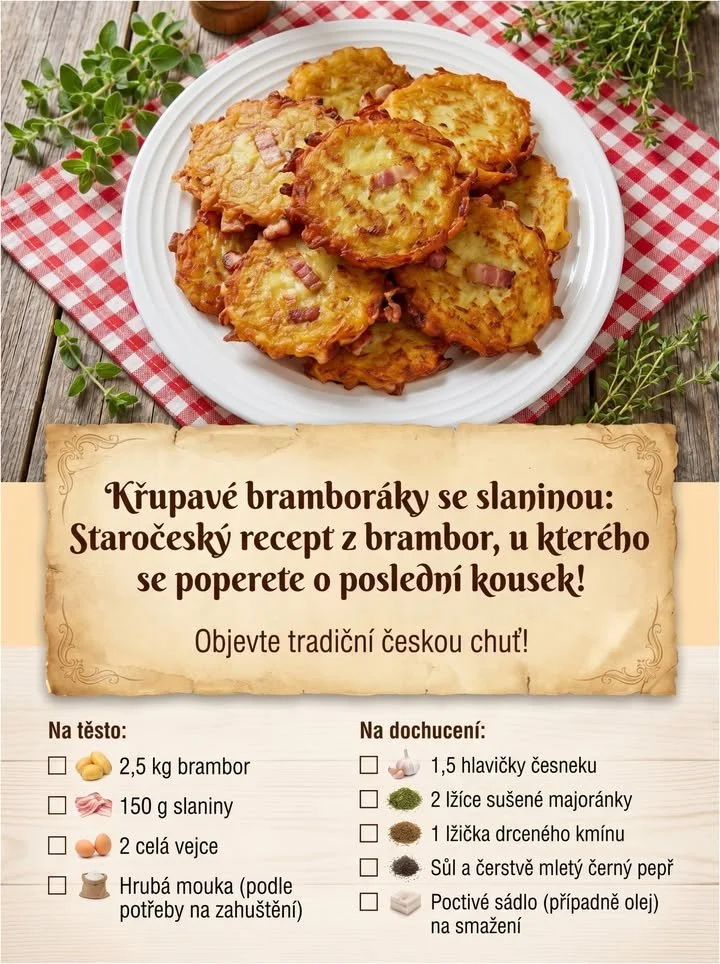 Křupavé bramboráky se slaninou na talíři, připravené k podávání