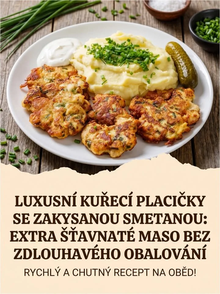 Luxusní kuřecí placičky na talíři se zeleninou a omáčkou.