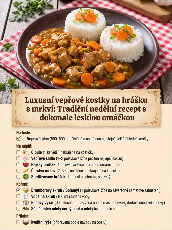 Luxusní vepřové kostky na hrášku s mrkví servírované na talíři