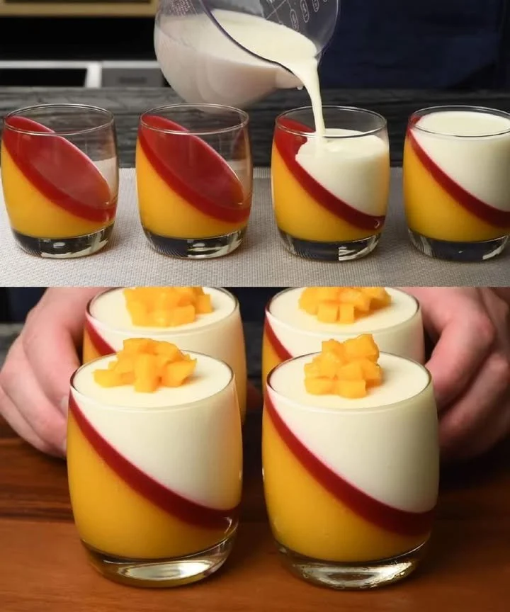 Mangová panna cotta s čerstvým ovocem a mátou na talíři