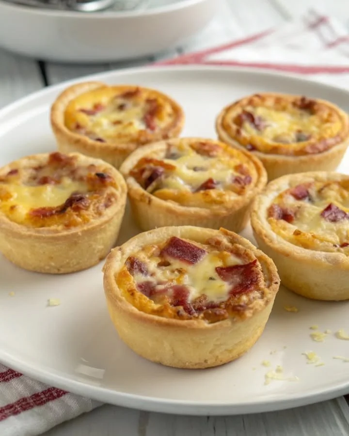 Mini quiches servírované na talíři s různými přísadami