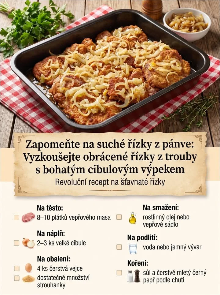 Obrácené řízky z trouby s cibulovým výpekem na talíři