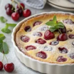 Delikátní ovocný klafoutis s čerstvým ovocem na talíři