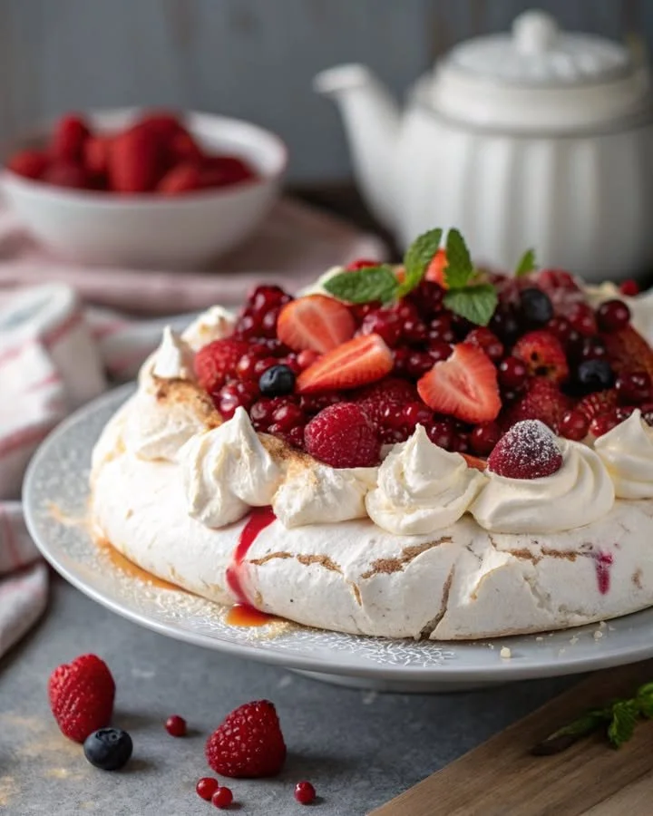 Pavlova dezert s ovocem a šlehačkou na talíři