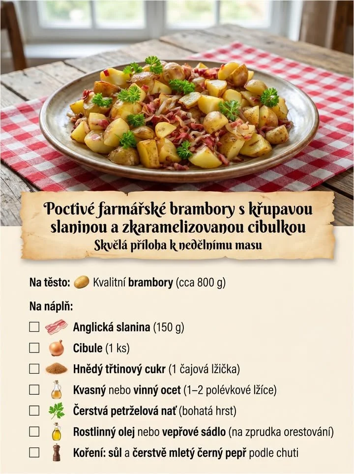 Poctivé farmářské brambory se šťavnatou slaninou a karamelizovanou cibulkou
