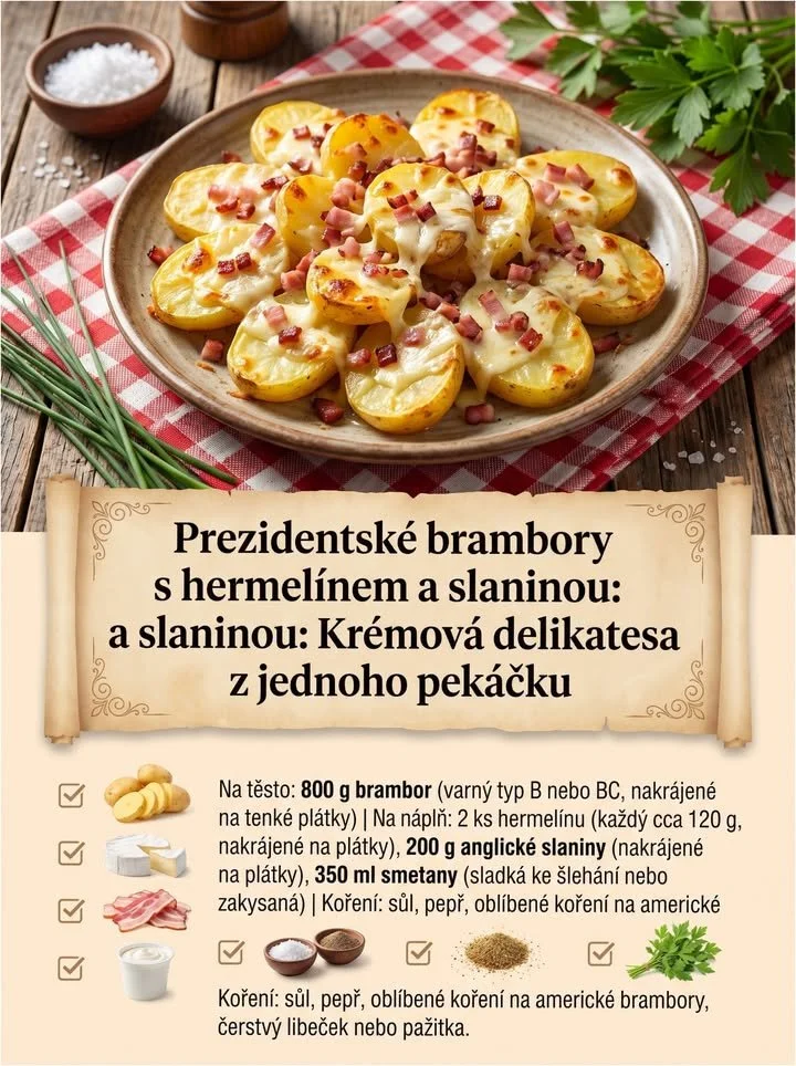 Prezidentské brambory s hermelínem a slaninou na talíři