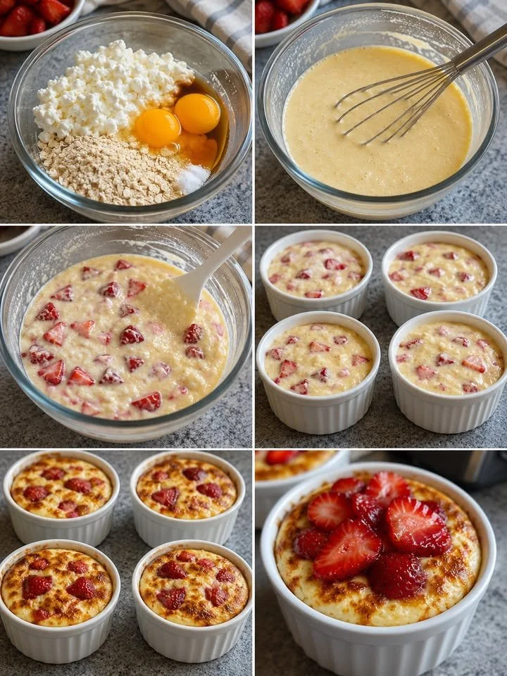 Proteinové pečené jahodové misky se tvarohem na snídani