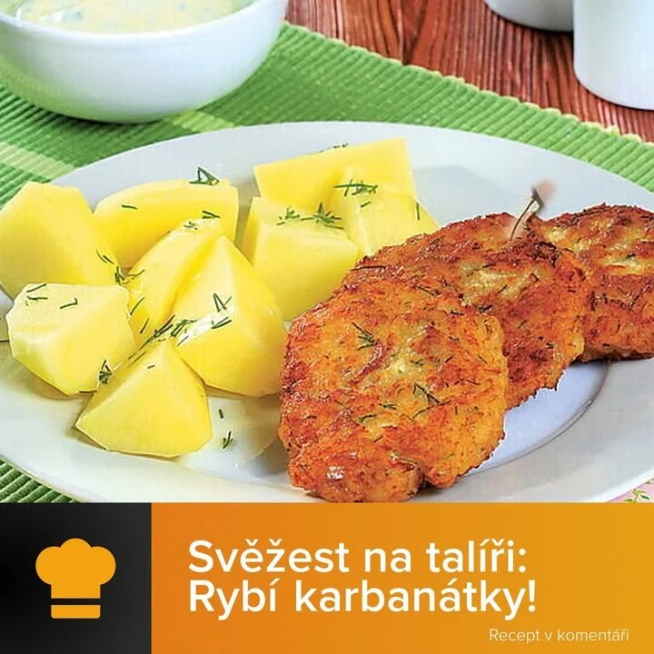 Rybí karbanátky se svěžím koprovým dipem na talíři