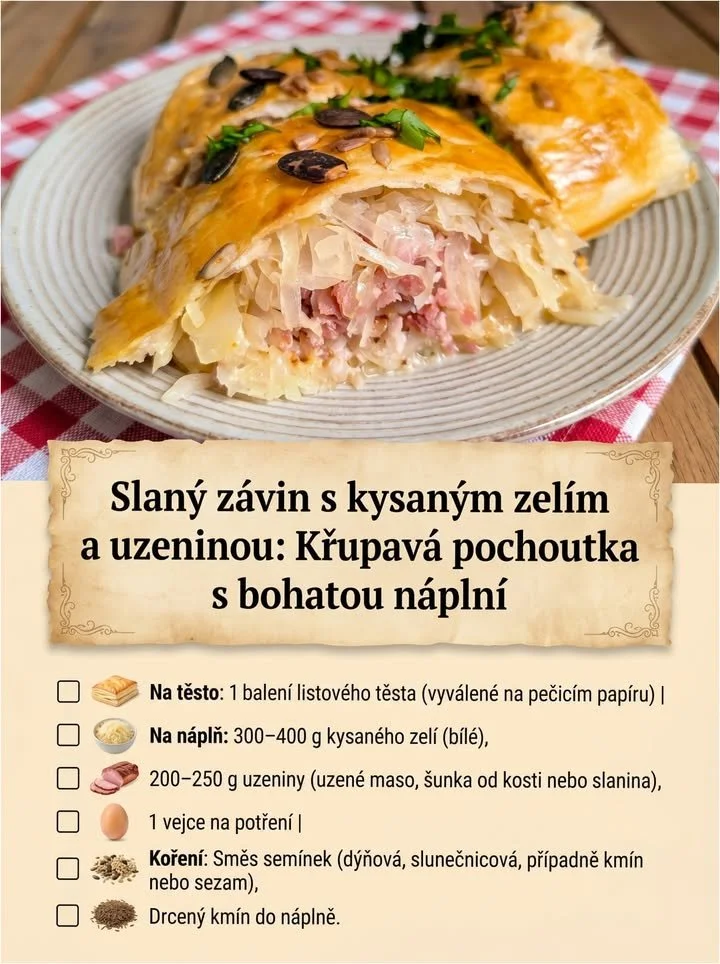 Slaný závin s kysaným zelím a uzeninou na talíři
