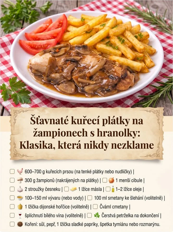 Šťavnaté kuřecí plátky s žampiony a hranolky na talíři