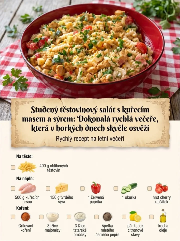 Studený těstovinový salát s kuřecím masem a sýrem