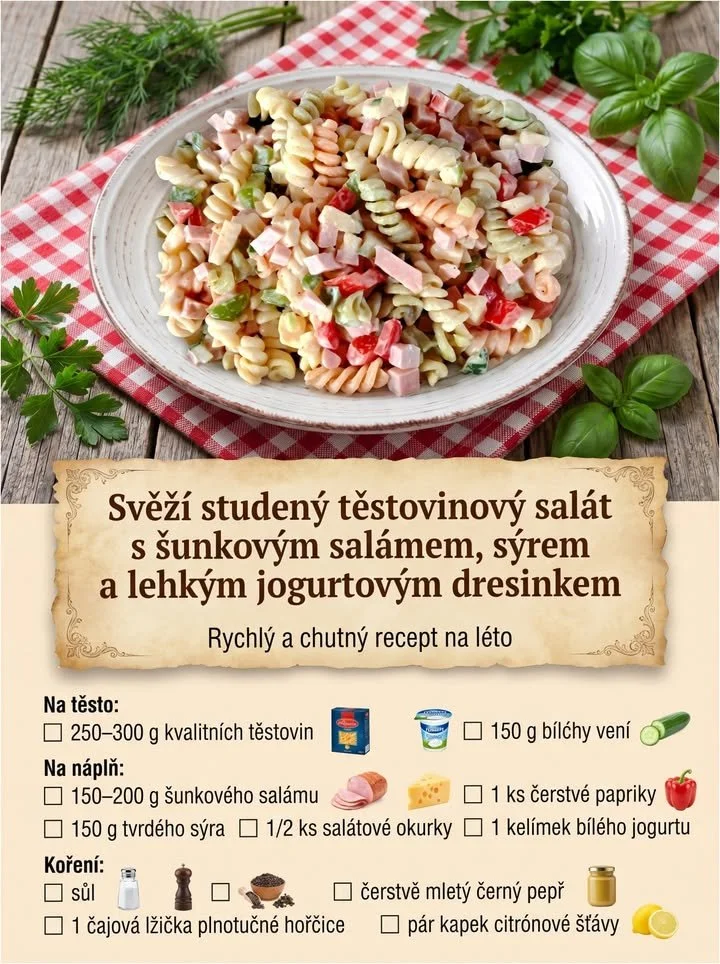 Svěží těstovinový salát s čerstvou zeleninou a bylinkami