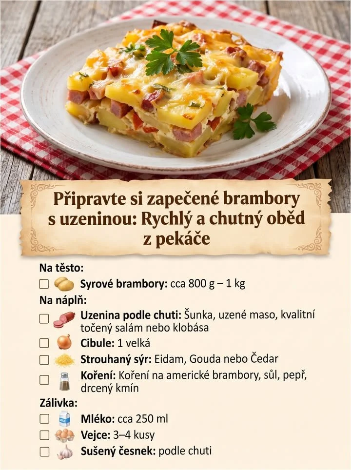 Zapečené brambory s uzeninou v prostorném pekáči