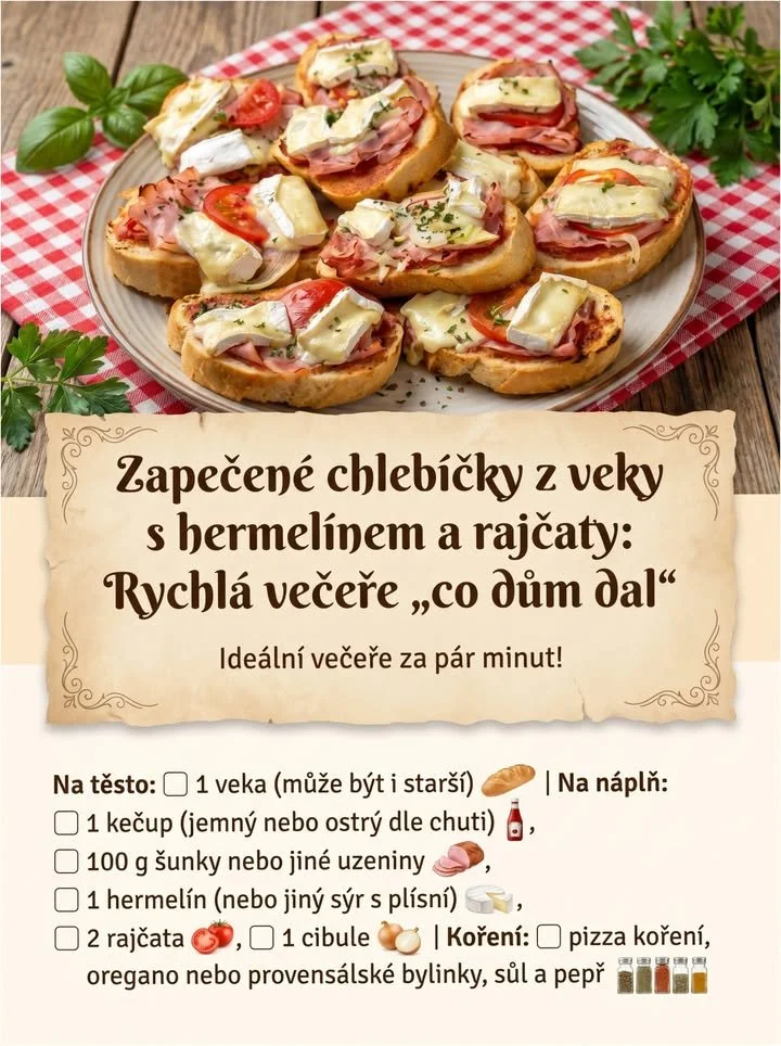 Zapečené chlebíčky z veky s hermelínem a rajčaty